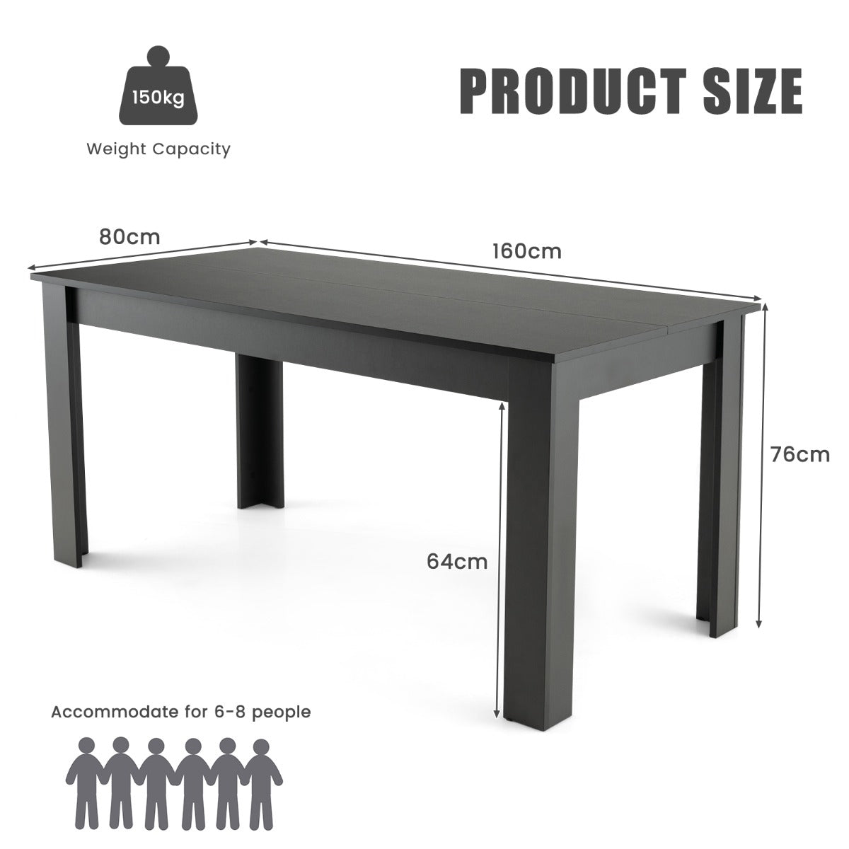 160 CM Modern Dining Table with Sturdy L-shaped Legs-Black