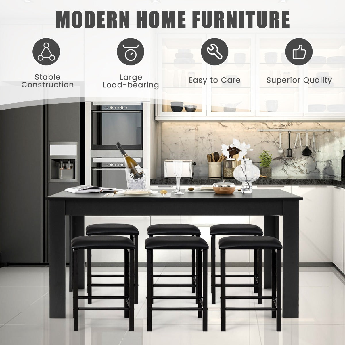 160 CM Modern Dining Table with Sturdy L-shaped Legs-Black