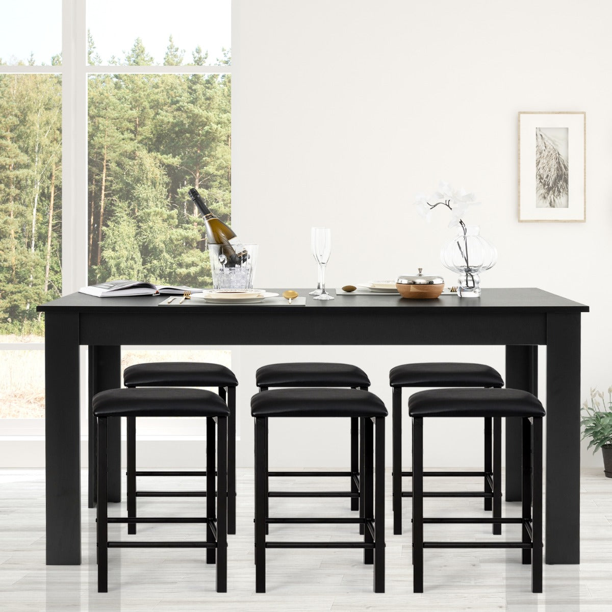 160 CM Modern Dining Table with Sturdy L-shaped Legs-Black