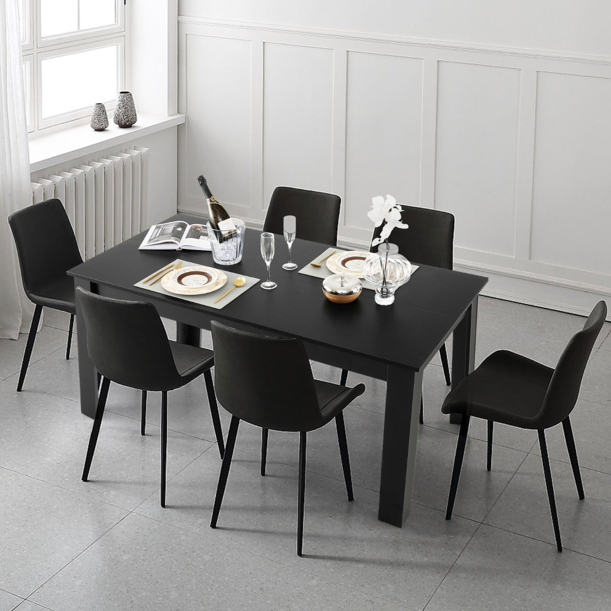160 CM Modern Dining Table with Sturdy L-shaped Legs-Black
