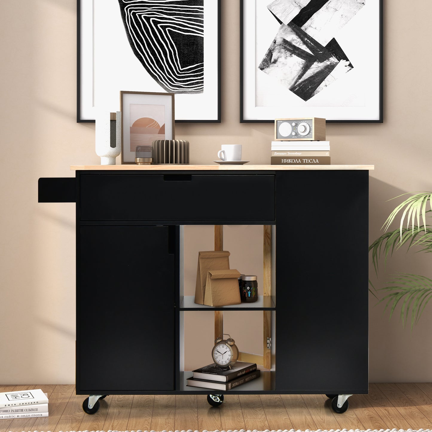Drop-Leaf Rolling Kitchen Island with Rubber Wood Top