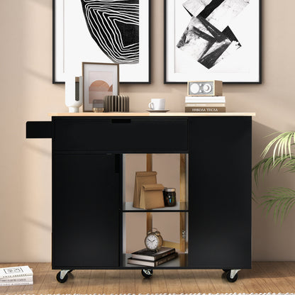 Drop-Leaf Rolling Kitchen Island with Rubber Wood Top