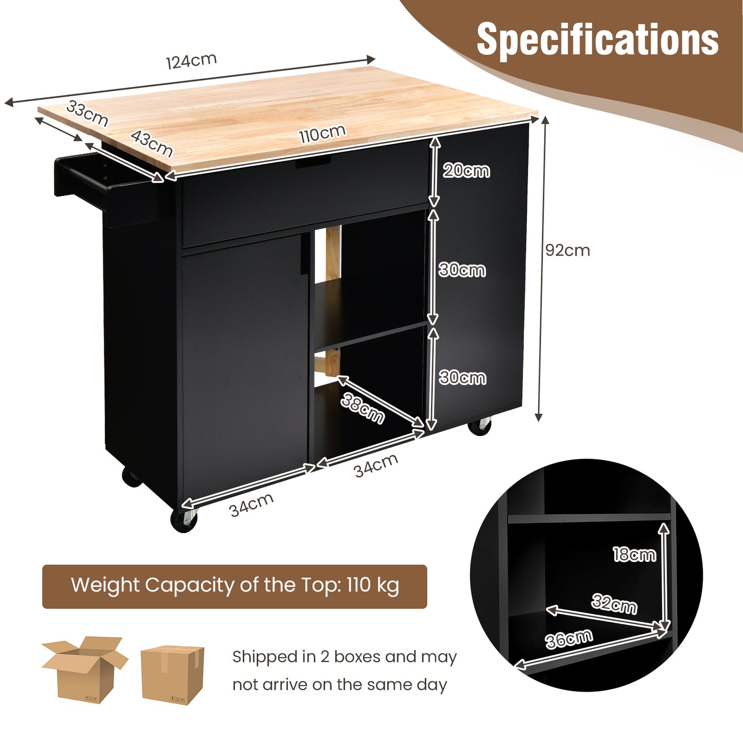 Drop-Leaf Rolling Kitchen Island with Rubber Wood Top