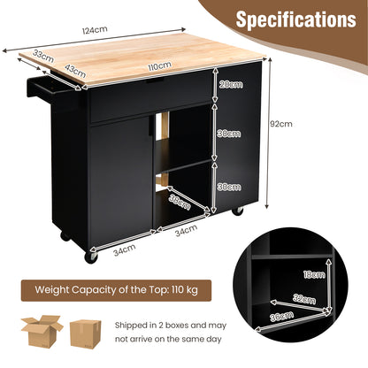 Drop-Leaf Rolling Kitchen Island with Rubber Wood Top