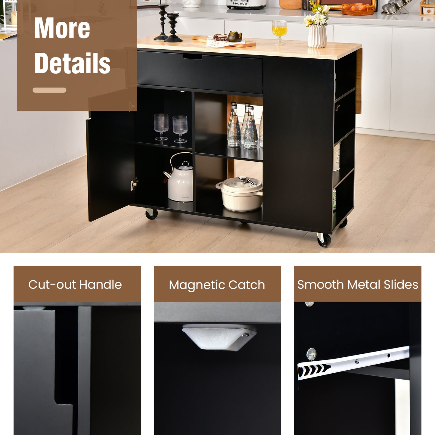 Drop-Leaf Rolling Kitchen Island with Rubber Wood Top
