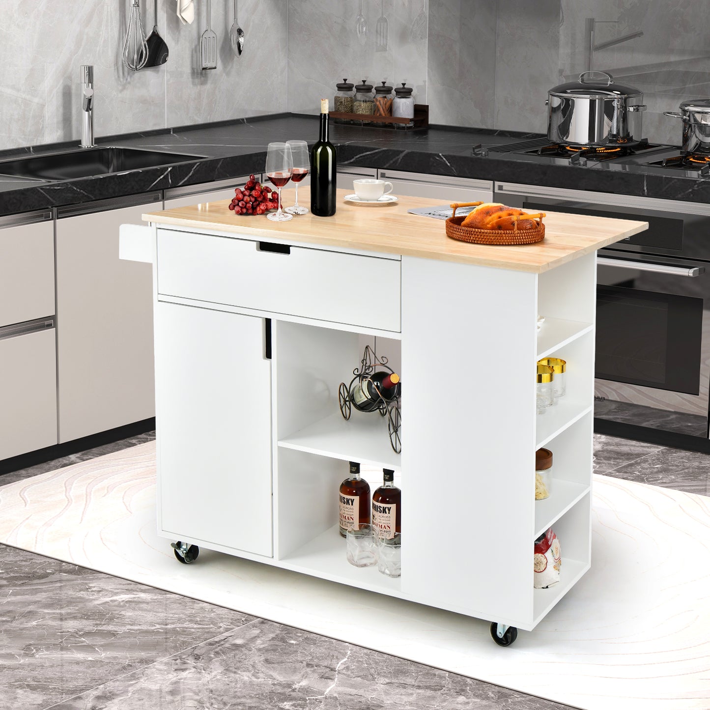 Drop-Leaf Rolling Kitchen Island with Rubber Wood Top &amp; Drawer-White