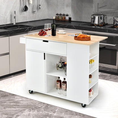 Drop-Leaf Rolling Kitchen Island with Rubber Wood Top &amp; Drawer-White