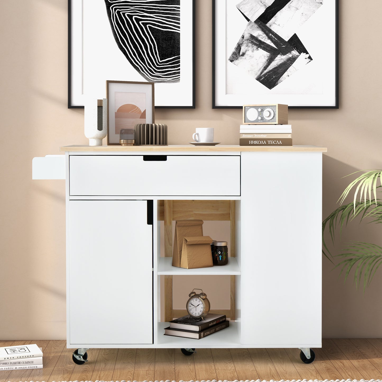 Drop-Leaf Rolling Kitchen Island with Rubber Wood Top &amp; Drawer-White