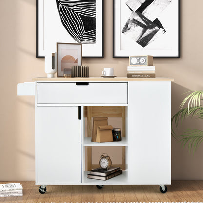 Drop-Leaf Rolling Kitchen Island with Rubber Wood Top &amp; Drawer-White