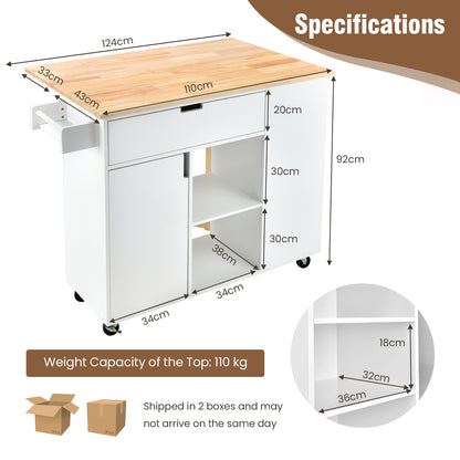 Drop-Leaf Rolling Kitchen Island with Rubber Wood Top &amp; Drawer-White