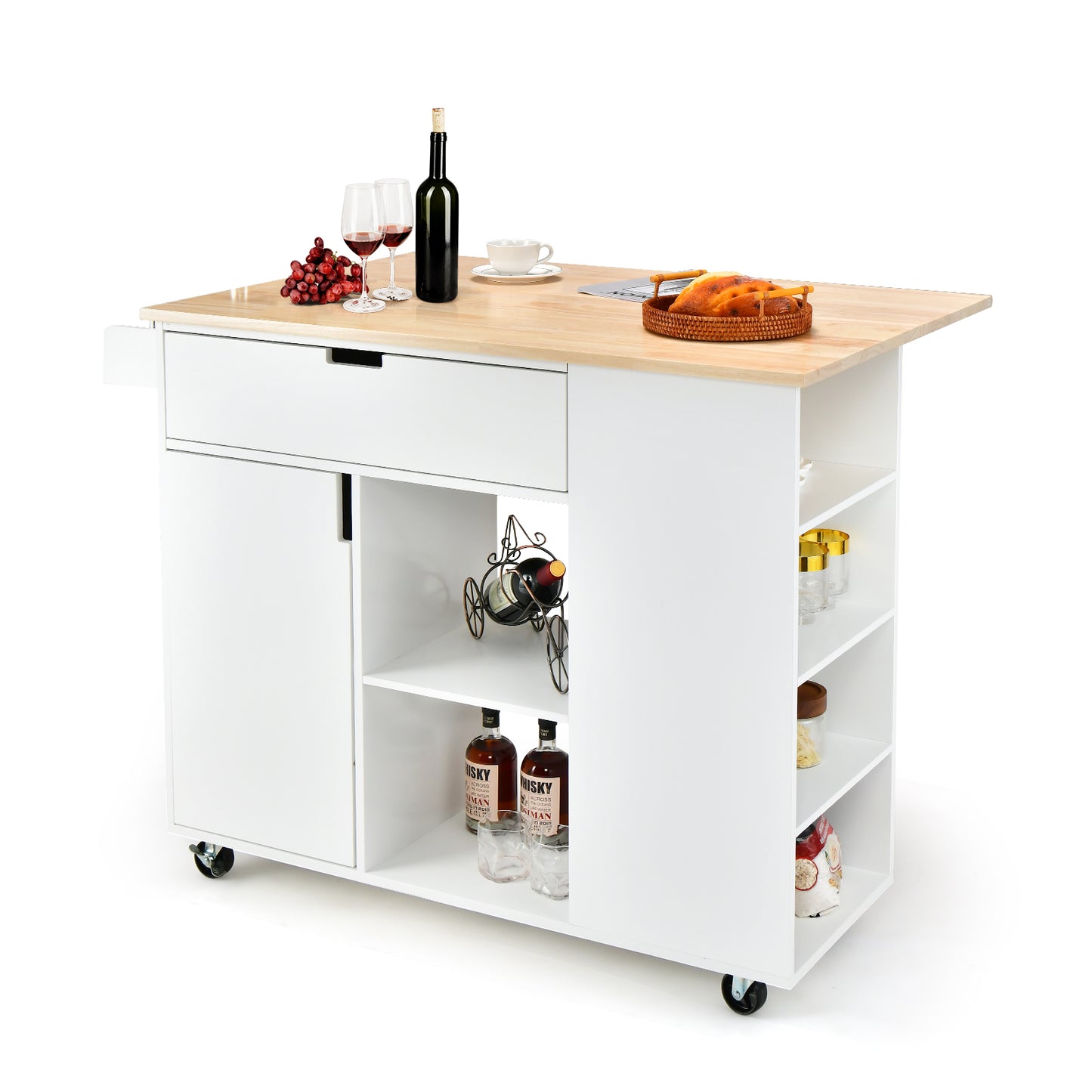 Drop-Leaf Rolling Kitchen Island with Rubber Wood Top &amp; Drawer-White