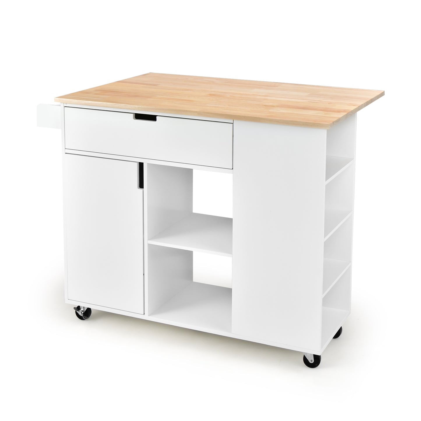 Drop-Leaf Rolling Kitchen Island with Rubber Wood Top &amp; Drawer-White