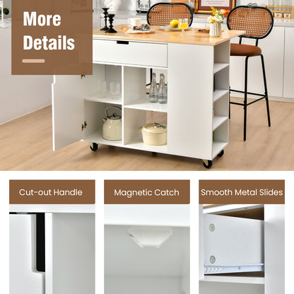 Drop-Leaf Rolling Kitchen Island with Rubber Wood Top &amp; Drawer-White
