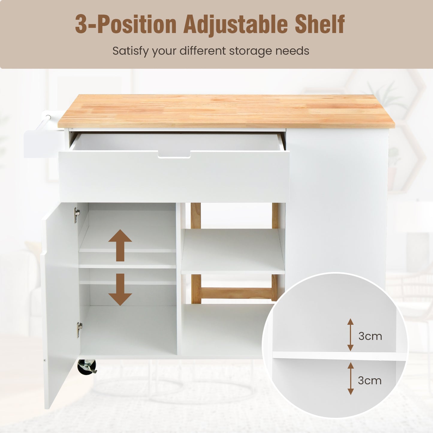 Drop-Leaf Rolling Kitchen Island with Rubber Wood Top &amp; Drawer-White
