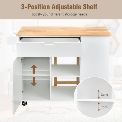 Drop-Leaf Rolling Kitchen Island with Rubber Wood Top &amp; Drawer-White