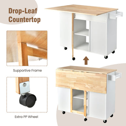 Drop-Leaf Rolling Kitchen Island with Rubber Wood Top &amp; Drawer-White