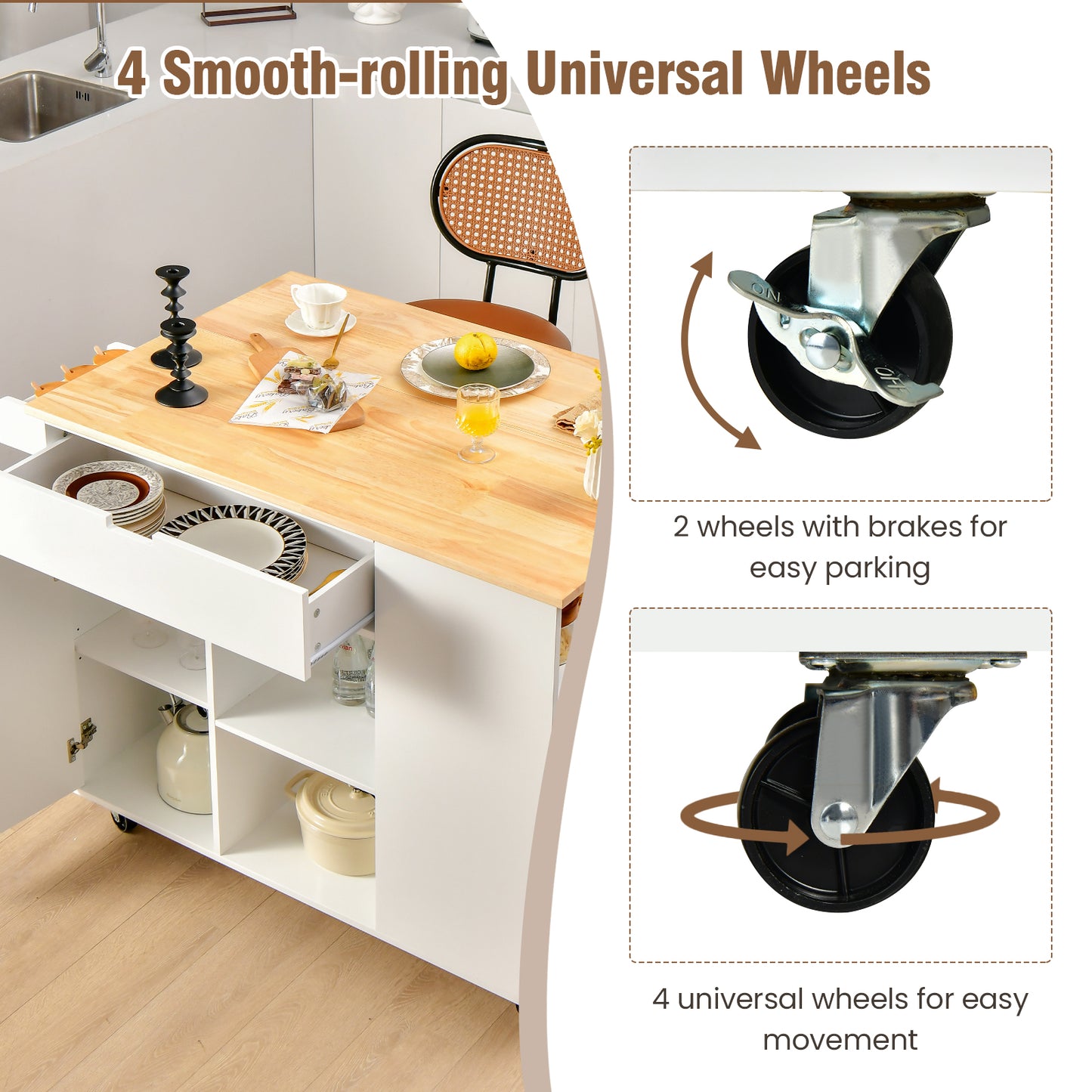 Drop-Leaf Rolling Kitchen Island with Rubber Wood Top &amp; Drawer-White