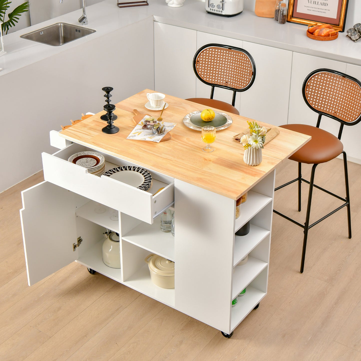 Drop-Leaf Rolling Kitchen Island with Rubber Wood Top &amp; Drawer-White
