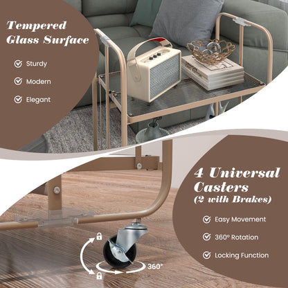 2-Tier Mobile Serving Cart with Tempered Glass Shelf