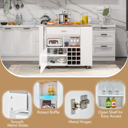 2-in-1 Reversible Mobile Kitchen Island with Rubber Wood Top and Adjustable Shelf for Dinning Room