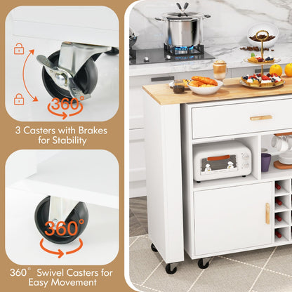 2-in-1 Reversible Mobile Kitchen Island with Rubber Wood Top and Adjustable Shelf for Dinning Room