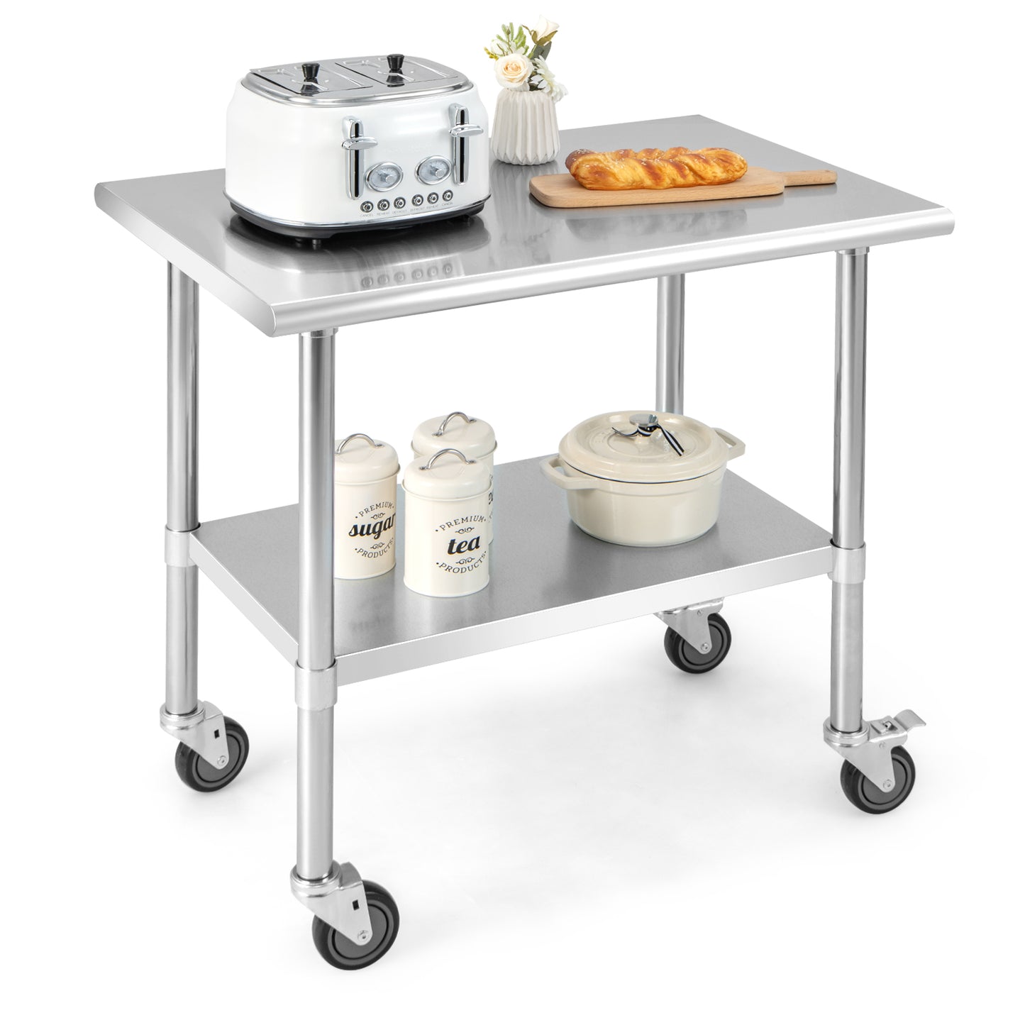 Stainless Steel Table Cart with 4 Universal Wheels for Kitchen-91.5 cm (W)