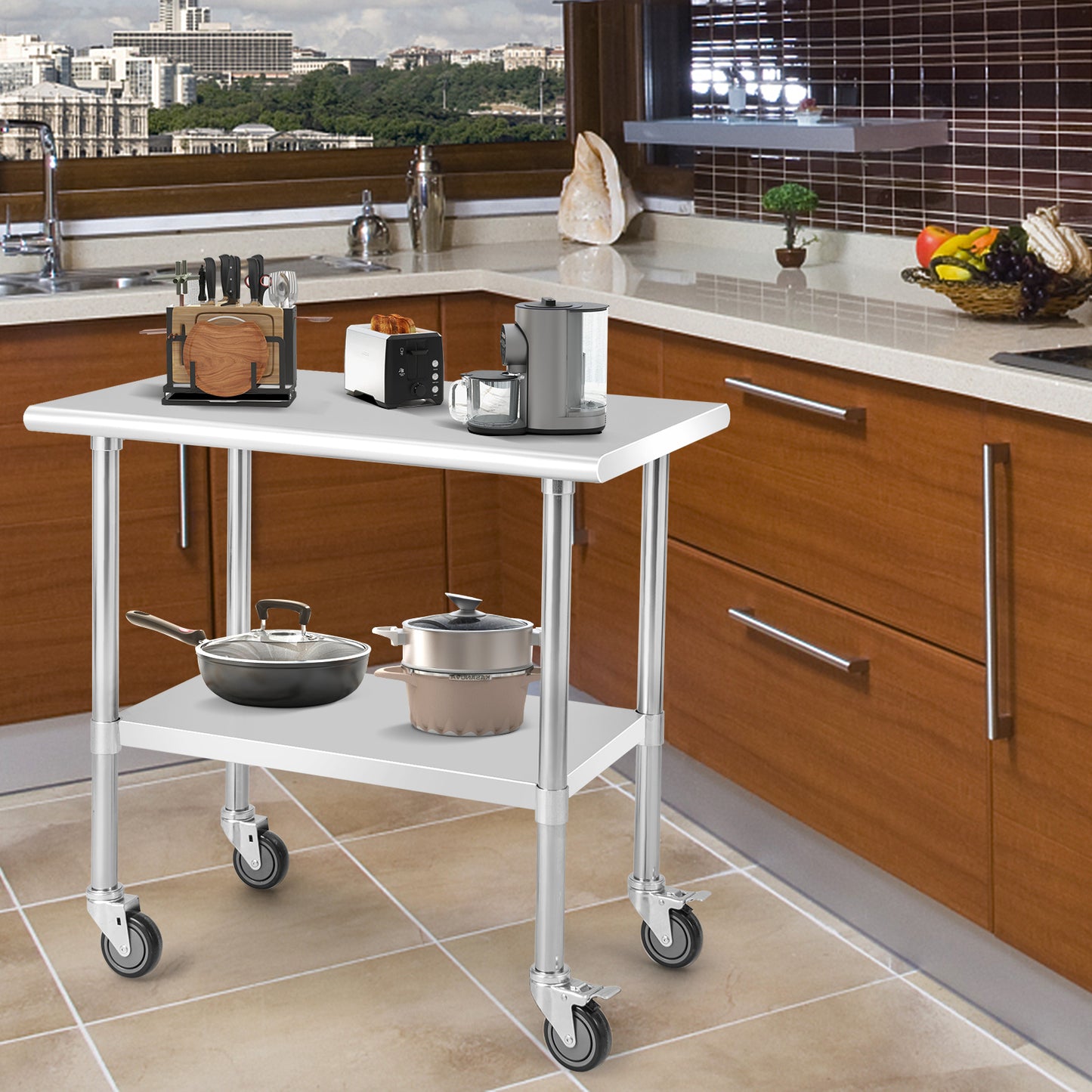 Stainless Steel Table Cart with 4 Universal Wheels for Kitchen-91.5 cm (W)