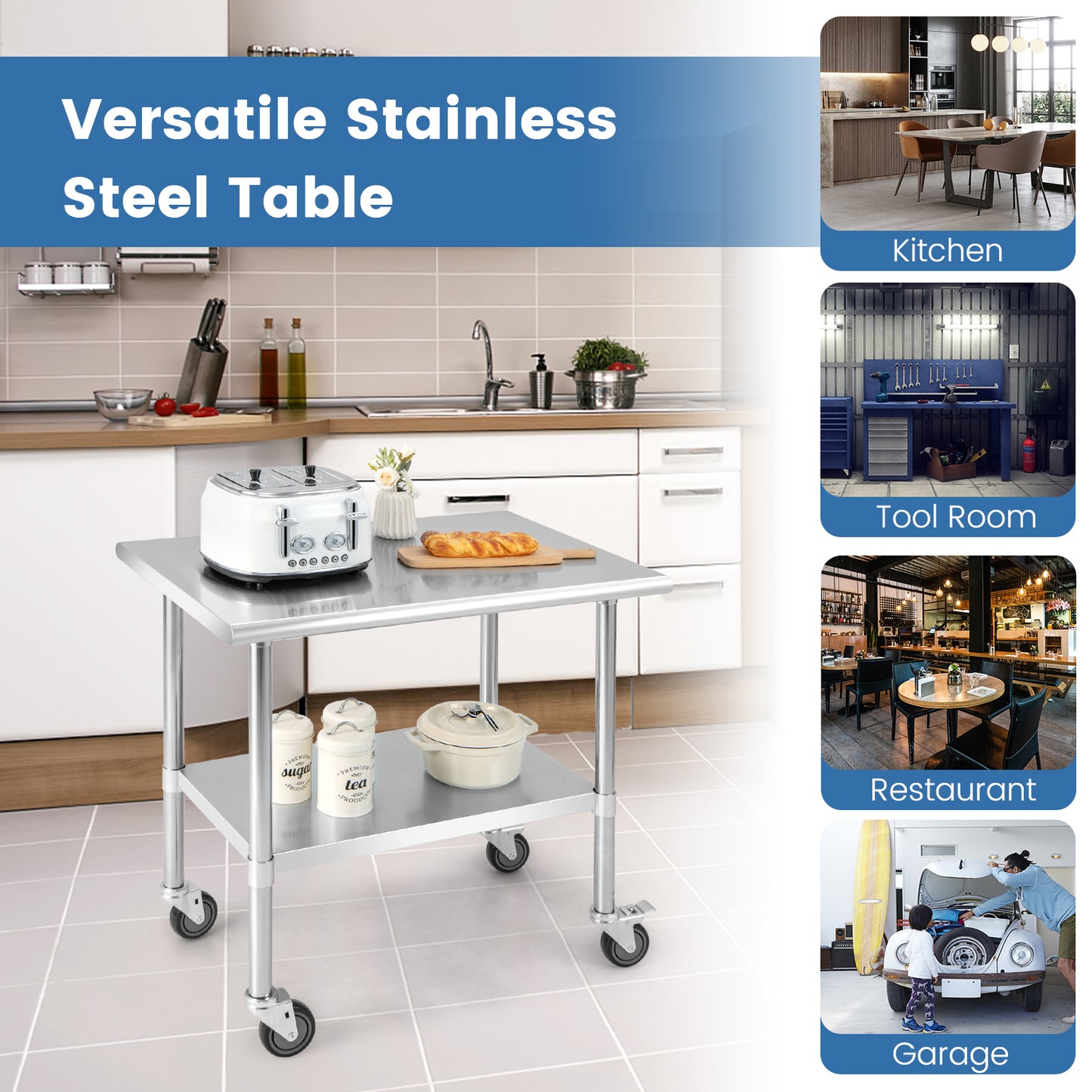 Stainless Steel Table Cart with 4 Universal Wheels for Kitchen-91.5 cm (W)