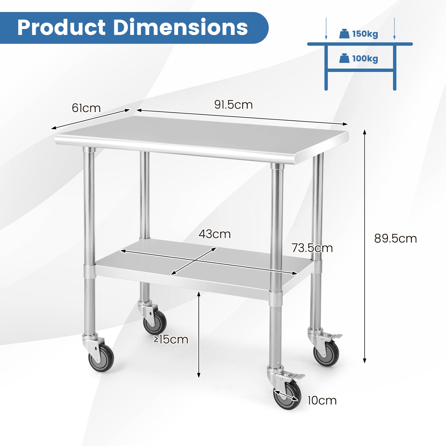 Stainless Steel Table Cart with 4 Universal Wheels for Kitchen-91.5 cm (W)