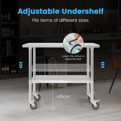 Stainless Steel Table Cart with 4 Universal Wheels for Kitchen-91.5 cm (W)