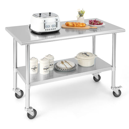 122 x 61 cm Stainless Steel Table Cart with 4 Universal Wheels for Kitchen