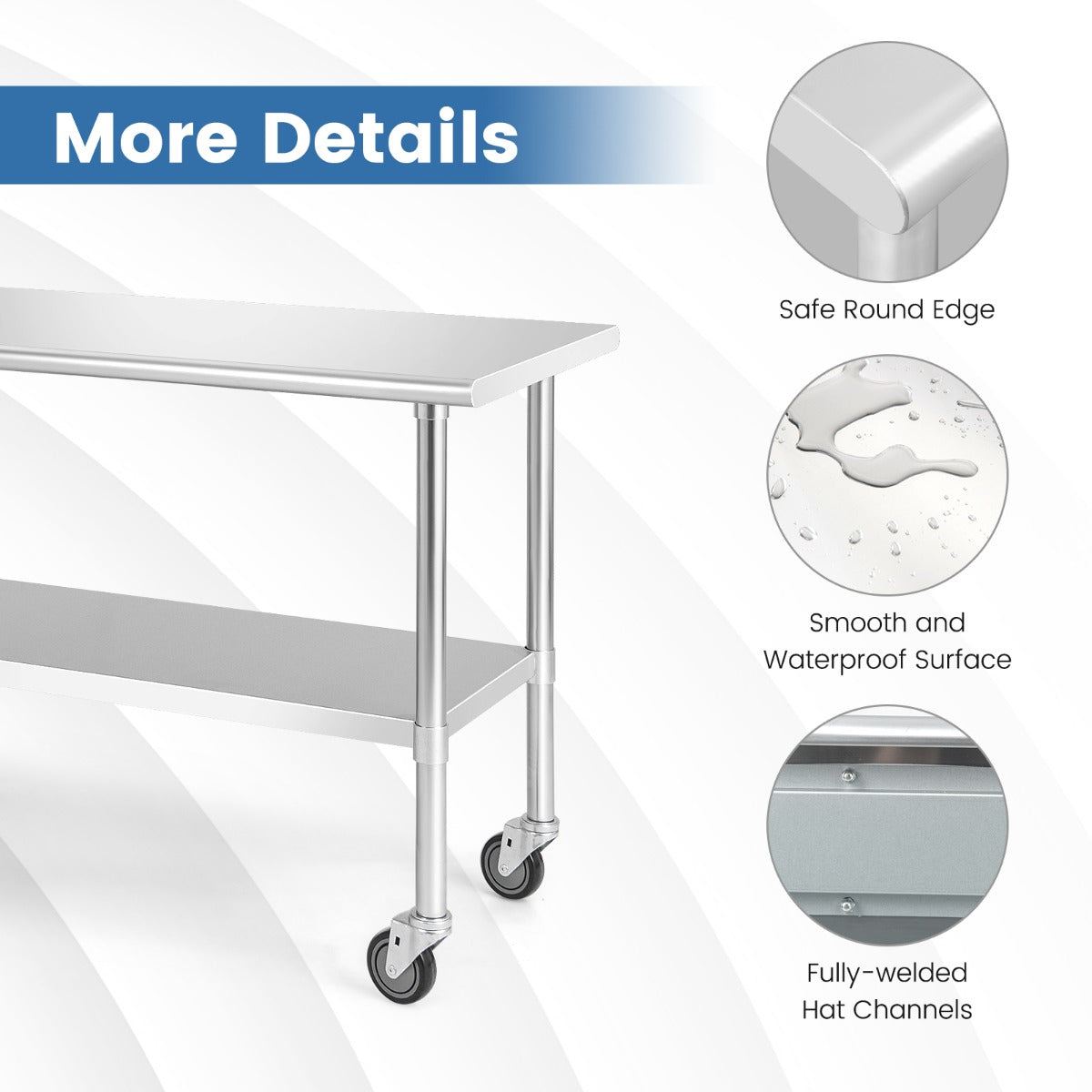122 x 61 cm Stainless Steel Table Cart with 4 Universal Wheels for Kitchen