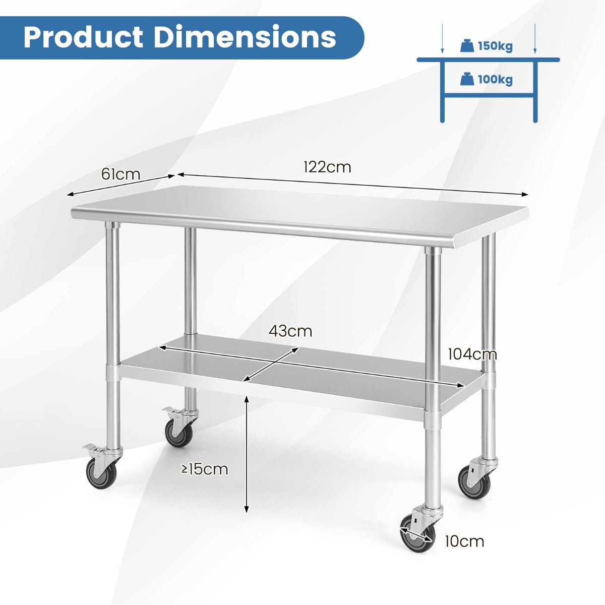 122 x 61 cm Stainless Steel Table Cart with 4 Universal Wheels for Kitchen