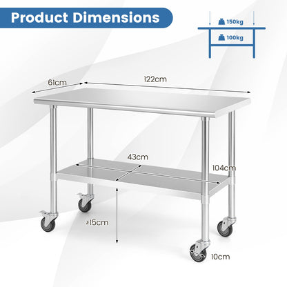 122 x 61 cm Stainless Steel Table Cart with 4 Universal Wheels for Kitchen