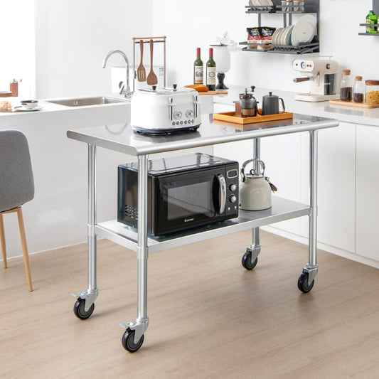 122 x 61 cm Stainless Steel Table Cart with 4 Universal Wheels for Kitchen