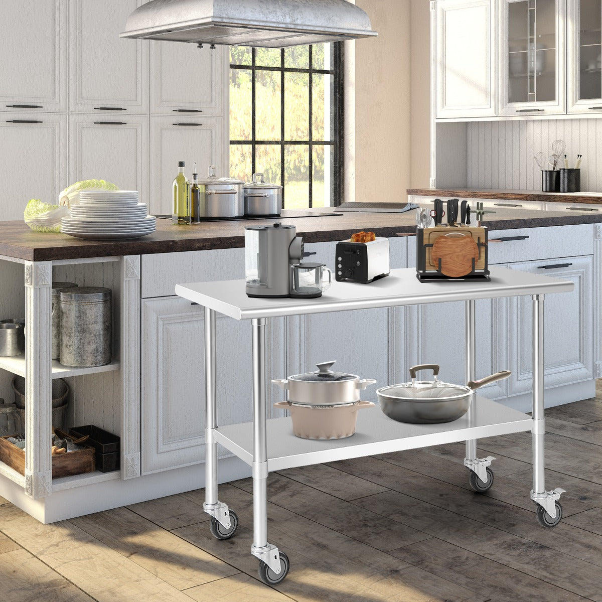 122 x 61 cm Stainless Steel Table Cart with 4 Universal Wheels for Kitchen