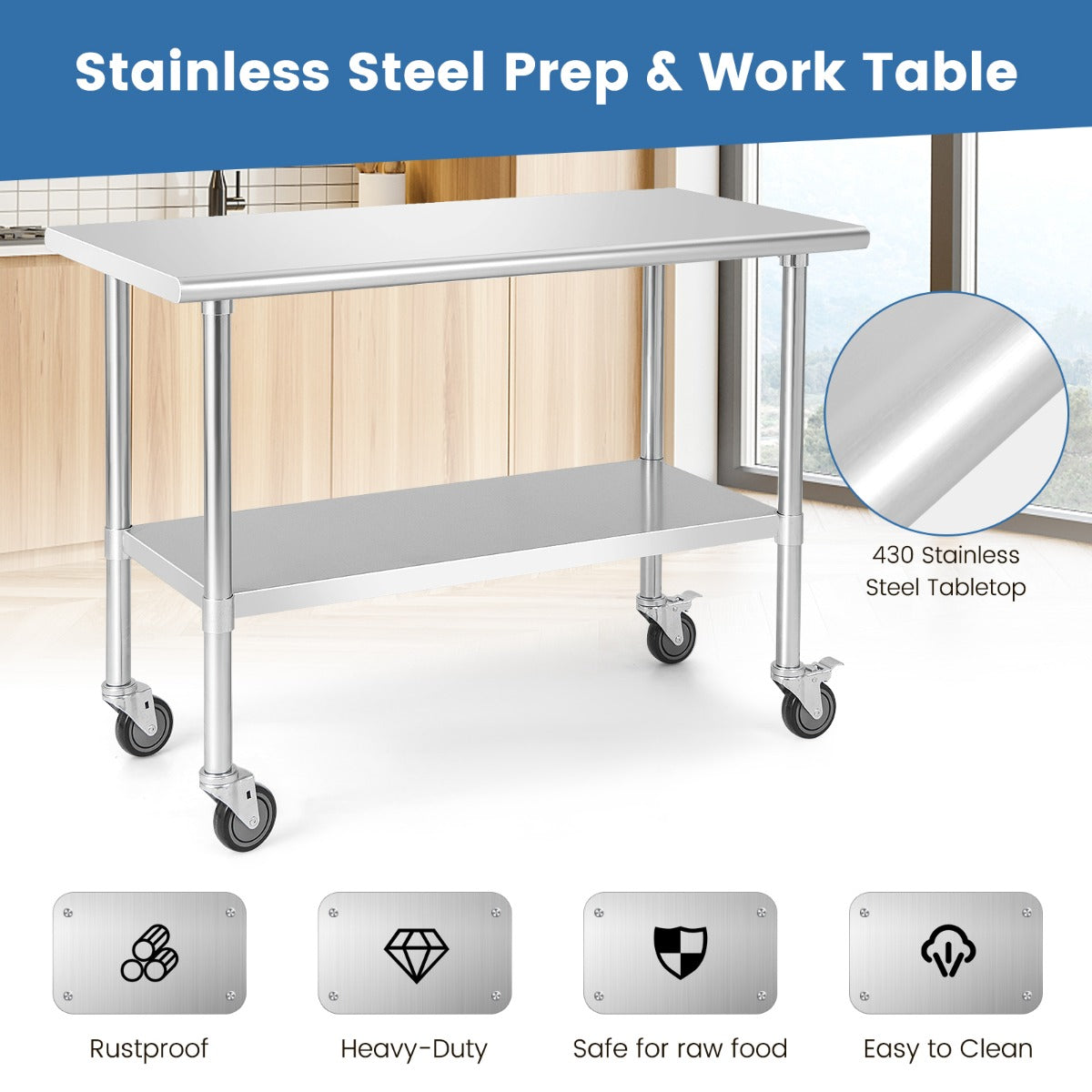 122 x 61 cm Stainless Steel Table Cart with 4 Universal Wheels for Kitchen