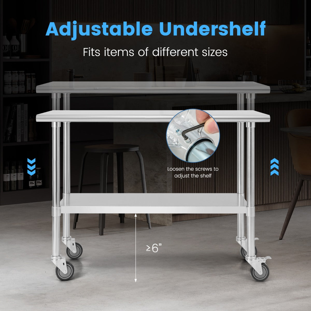 122 x 61 cm Stainless Steel Table Cart with 4 Universal Wheels for Kitchen