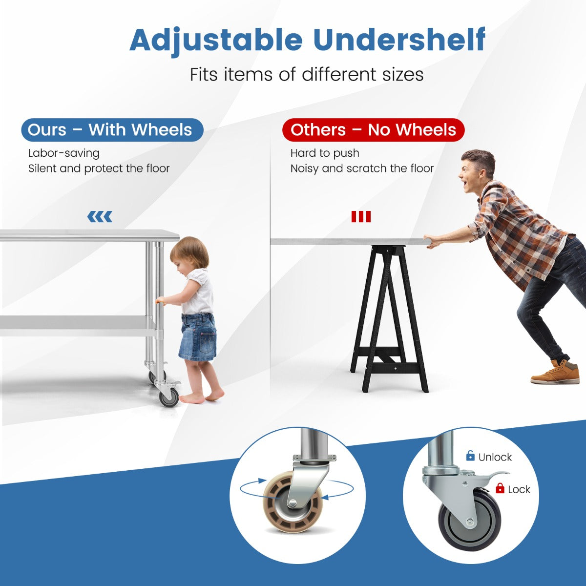 122 x 61 cm Stainless Steel Table Cart with 4 Universal Wheels for Kitchen