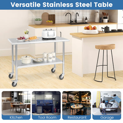 122 x 61 cm Stainless Steel Table Cart with 4 Universal Wheels for Kitchen