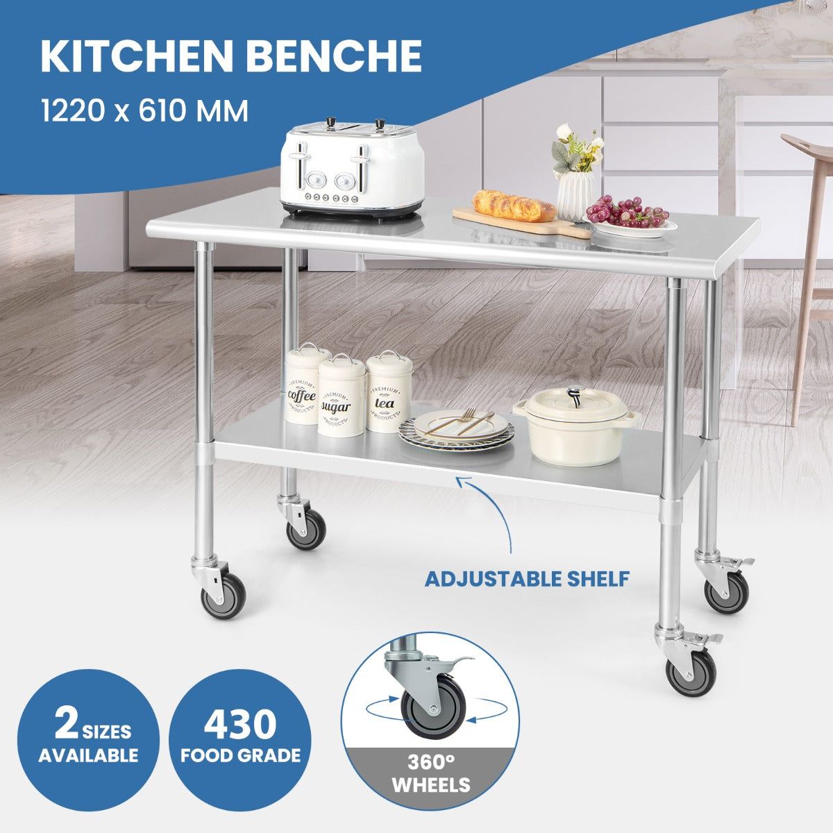 122 x 61 cm Stainless Steel Table Cart with 4 Universal Wheels for Kitchen