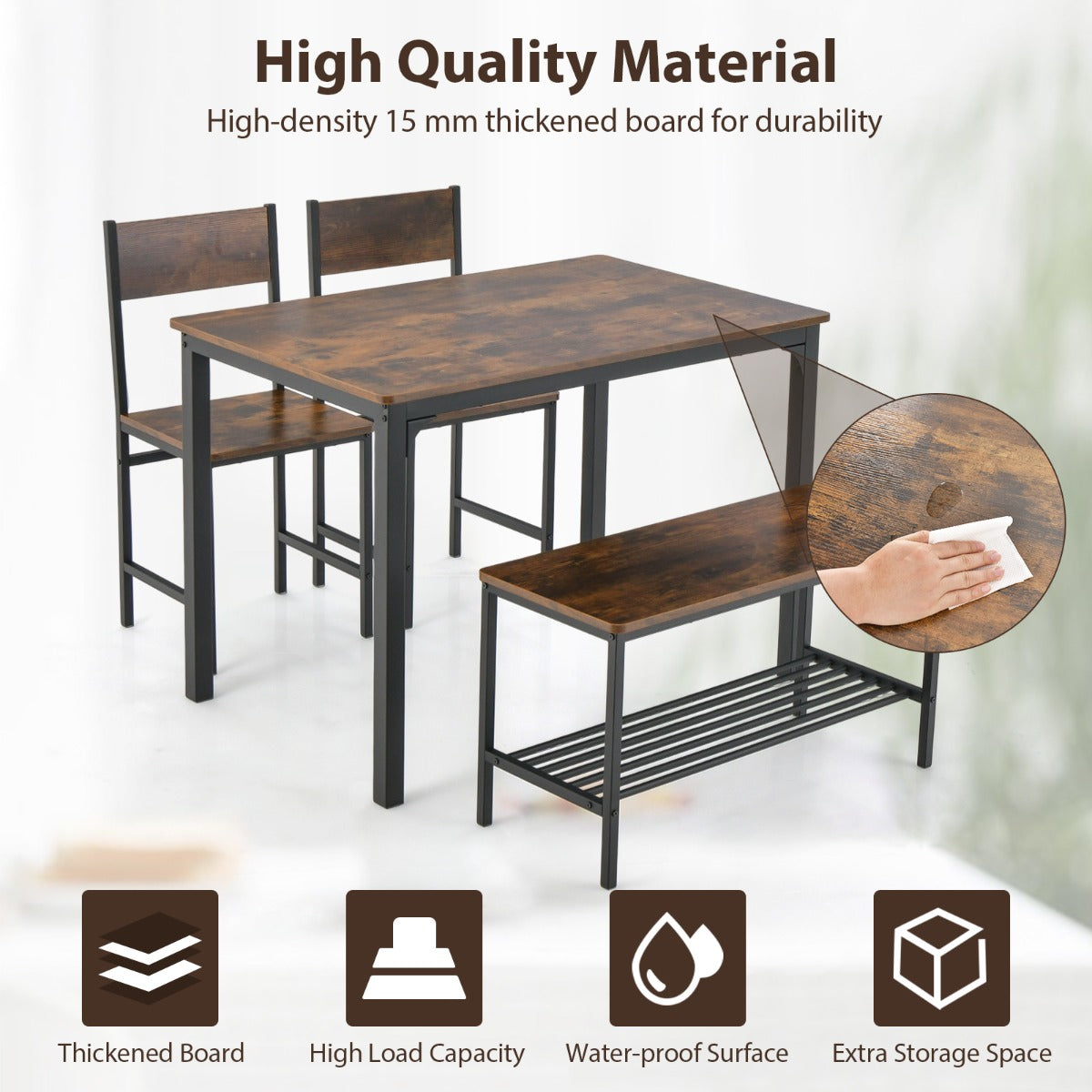 4-Piece Dining Table and Chair Set with Metal Frame and Storage Rack for Dining