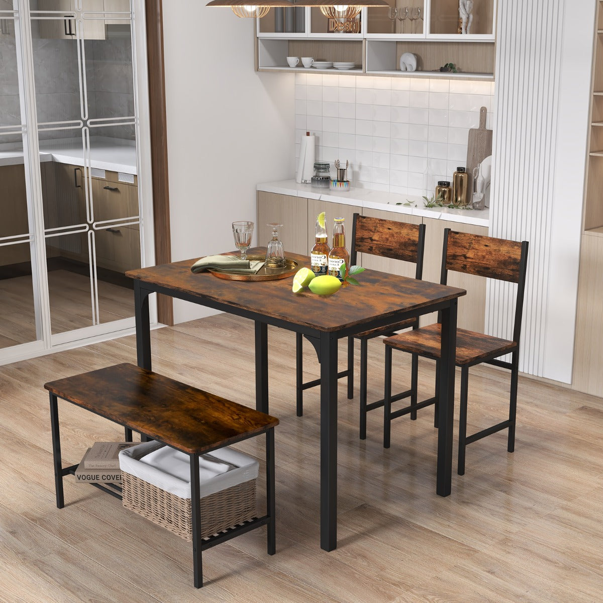 4-Piece Dining Table and Chair Set with Metal Frame and Storage Rack for Dining