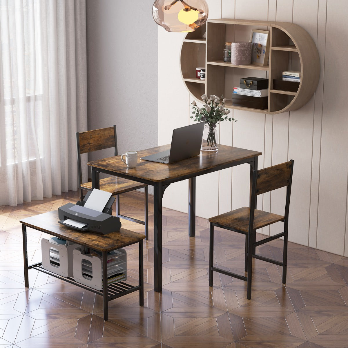 4-Piece Dining Table and Chair Set with Metal Frame and Storage Rack for Dining