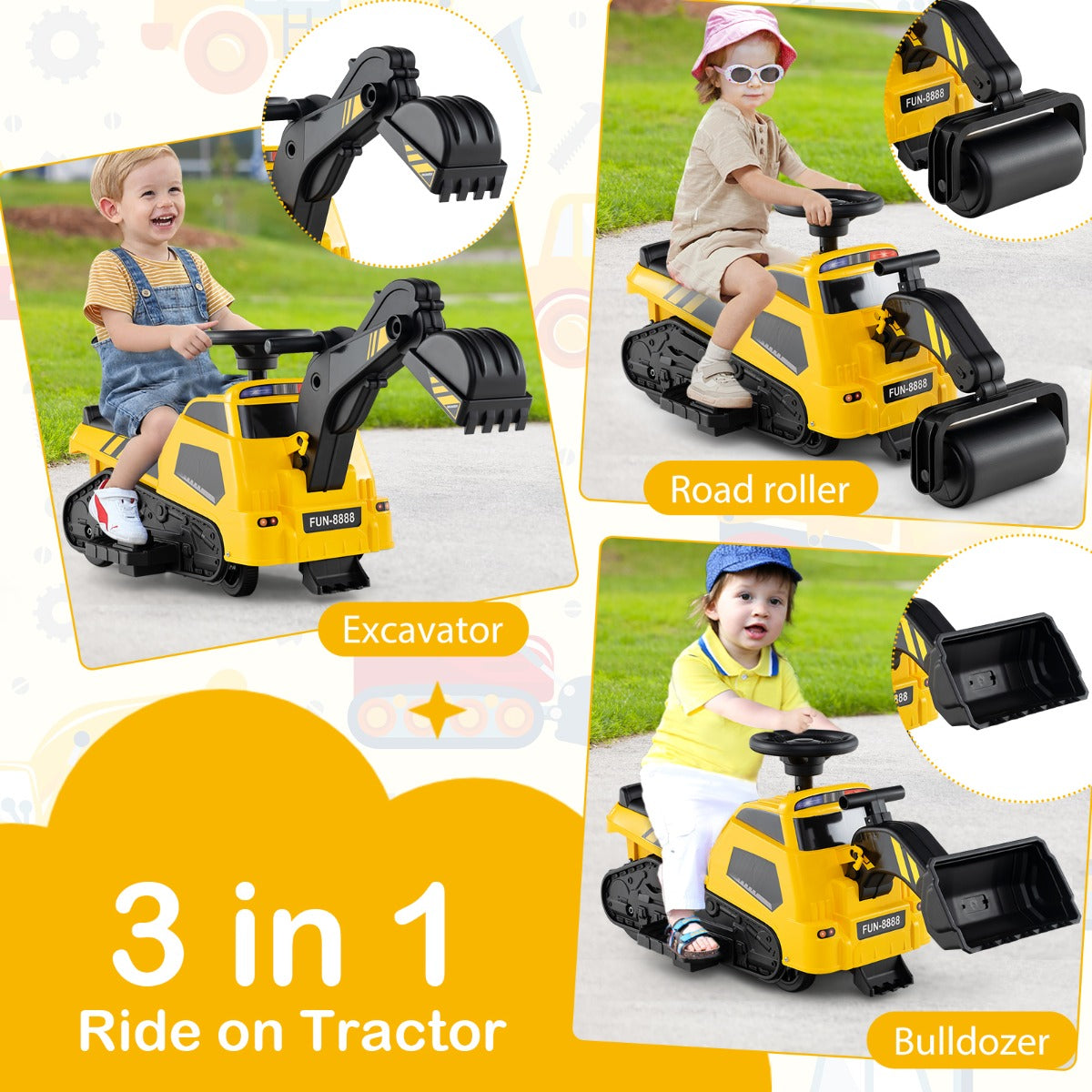 3-in-1 Kid Ride on Tractor with Adjustable Arms and Music-Yellow