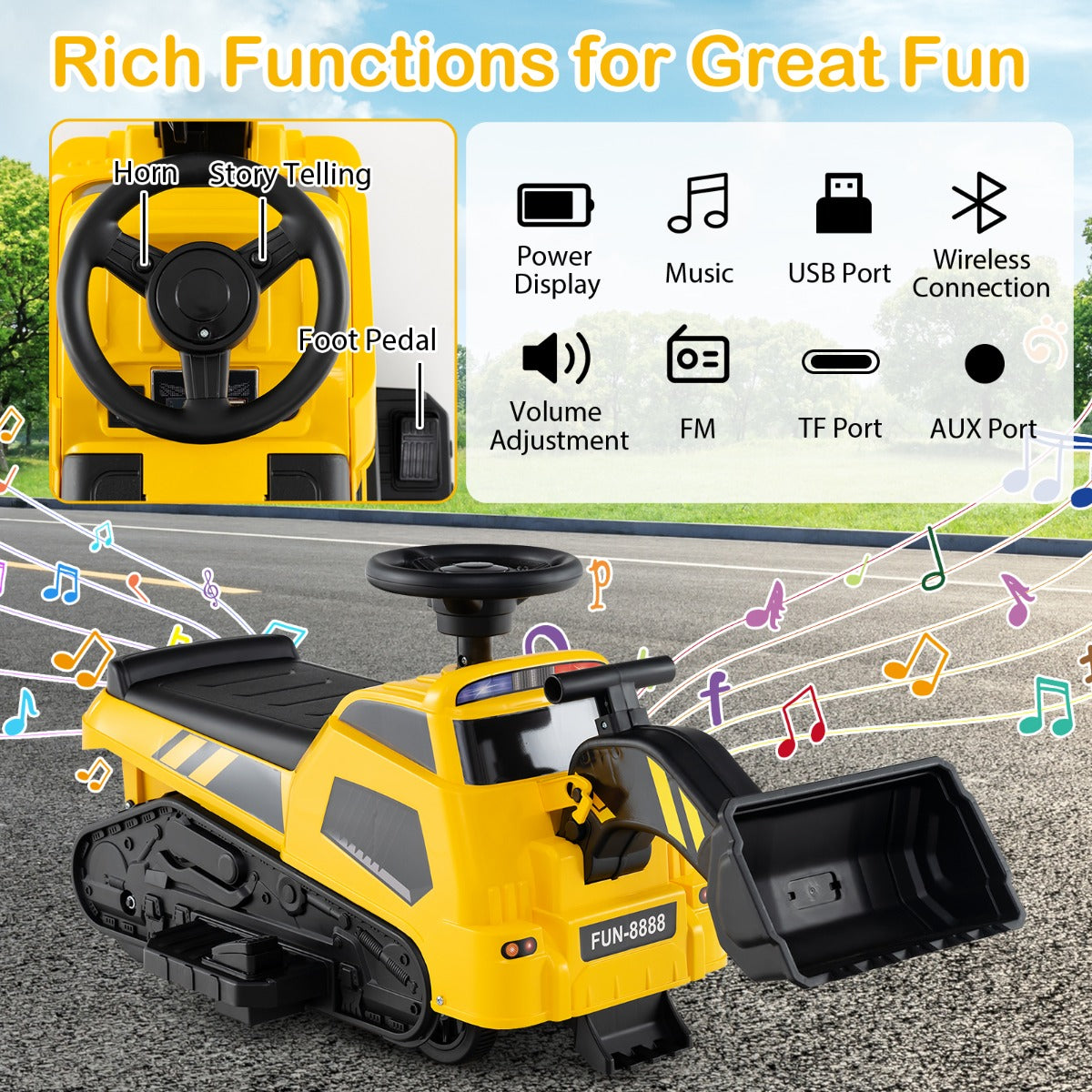 3-in-1 Kid Ride on Tractor with Adjustable Arms and Music-Yellow
