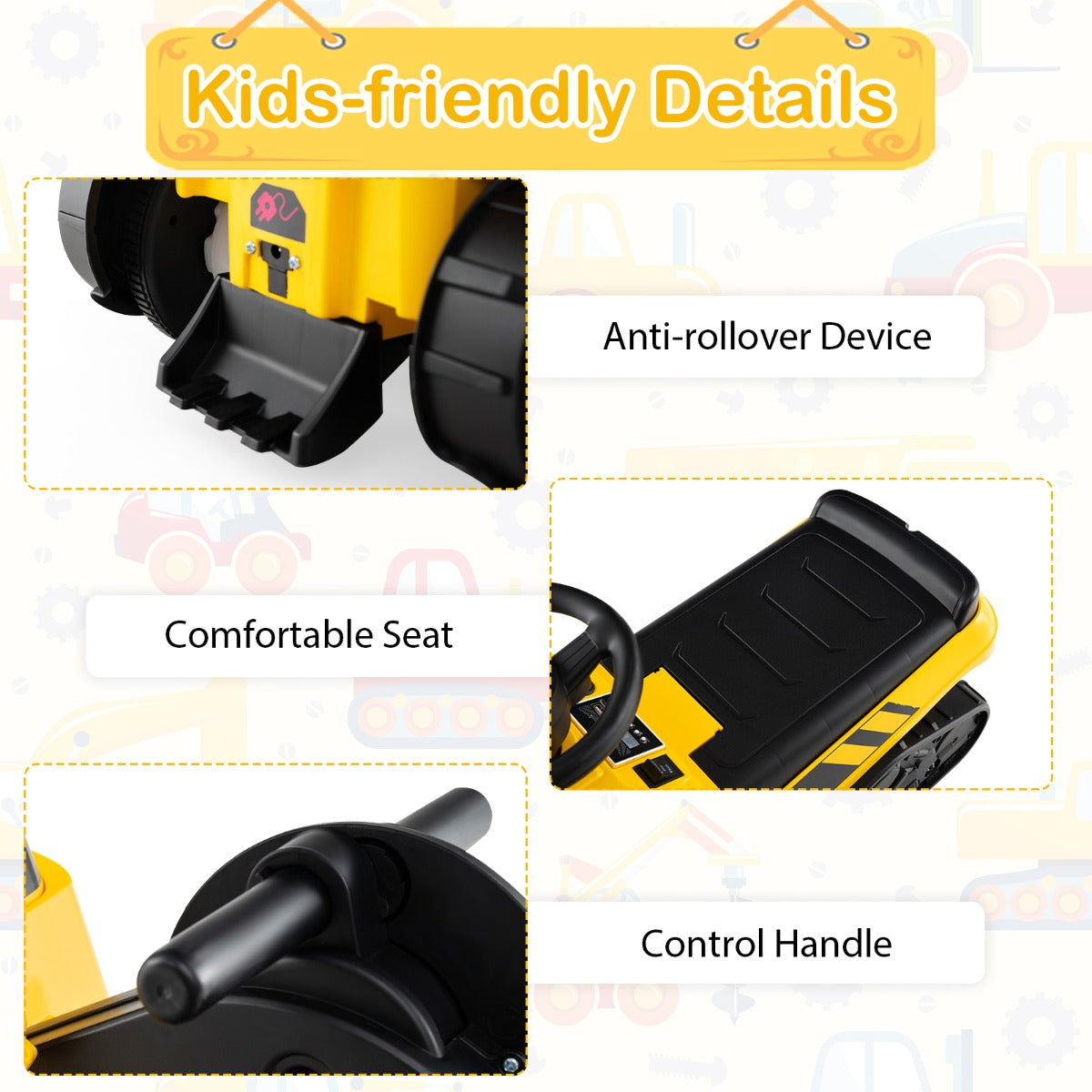 3-in-1 Kid Ride on Tractor with Adjustable Arms and Music-Yellow