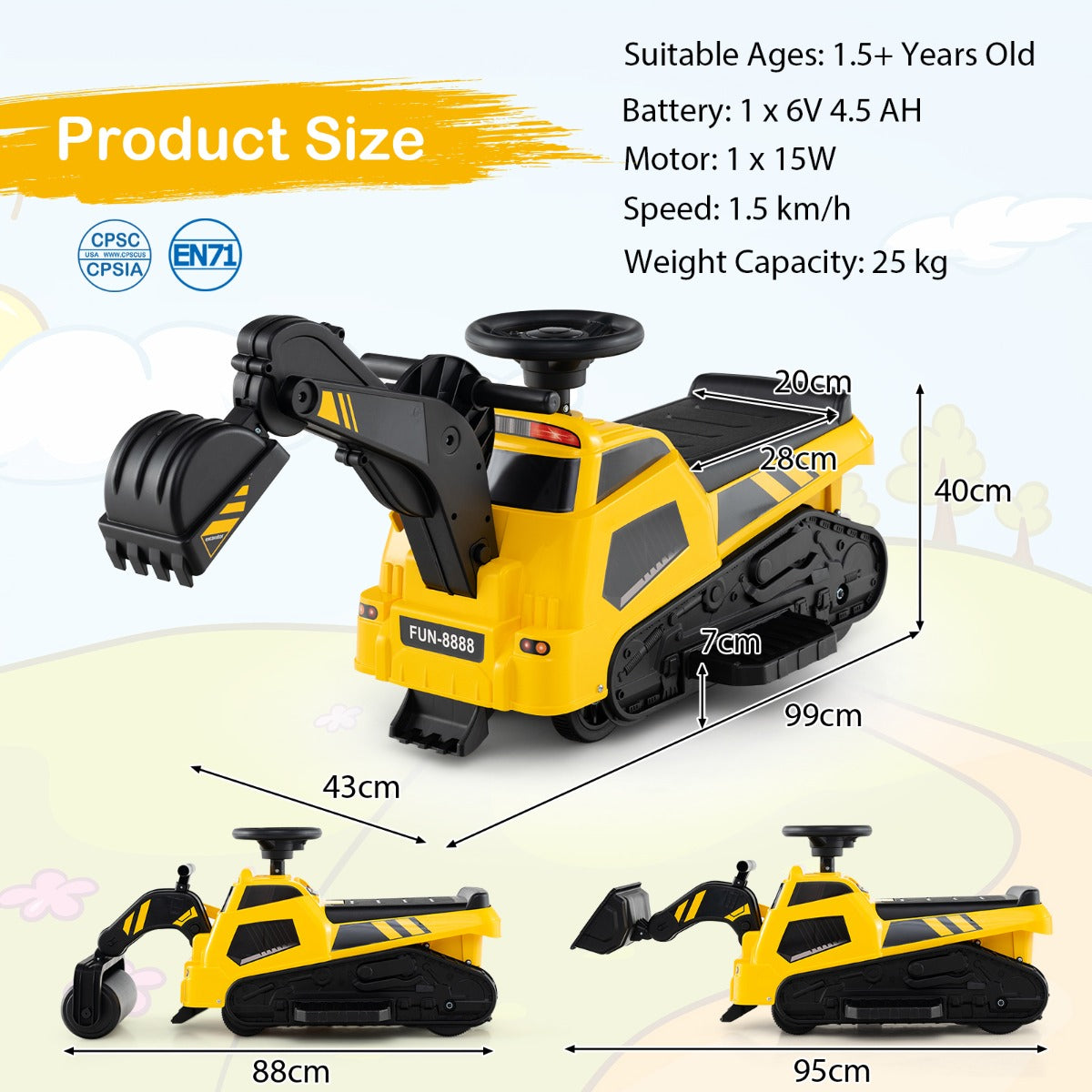 3-in-1 Kid Ride on Tractor with Adjustable Arms and Music-Yellow