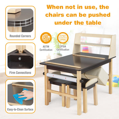Costway Kid's Wooden Art Table and 2 Chairs Set wiht 2-Tier Open Shelf-Coffee
