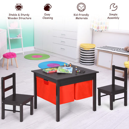 Two spacious fabric drawers under the table store blocks, books, toys and children's supplies